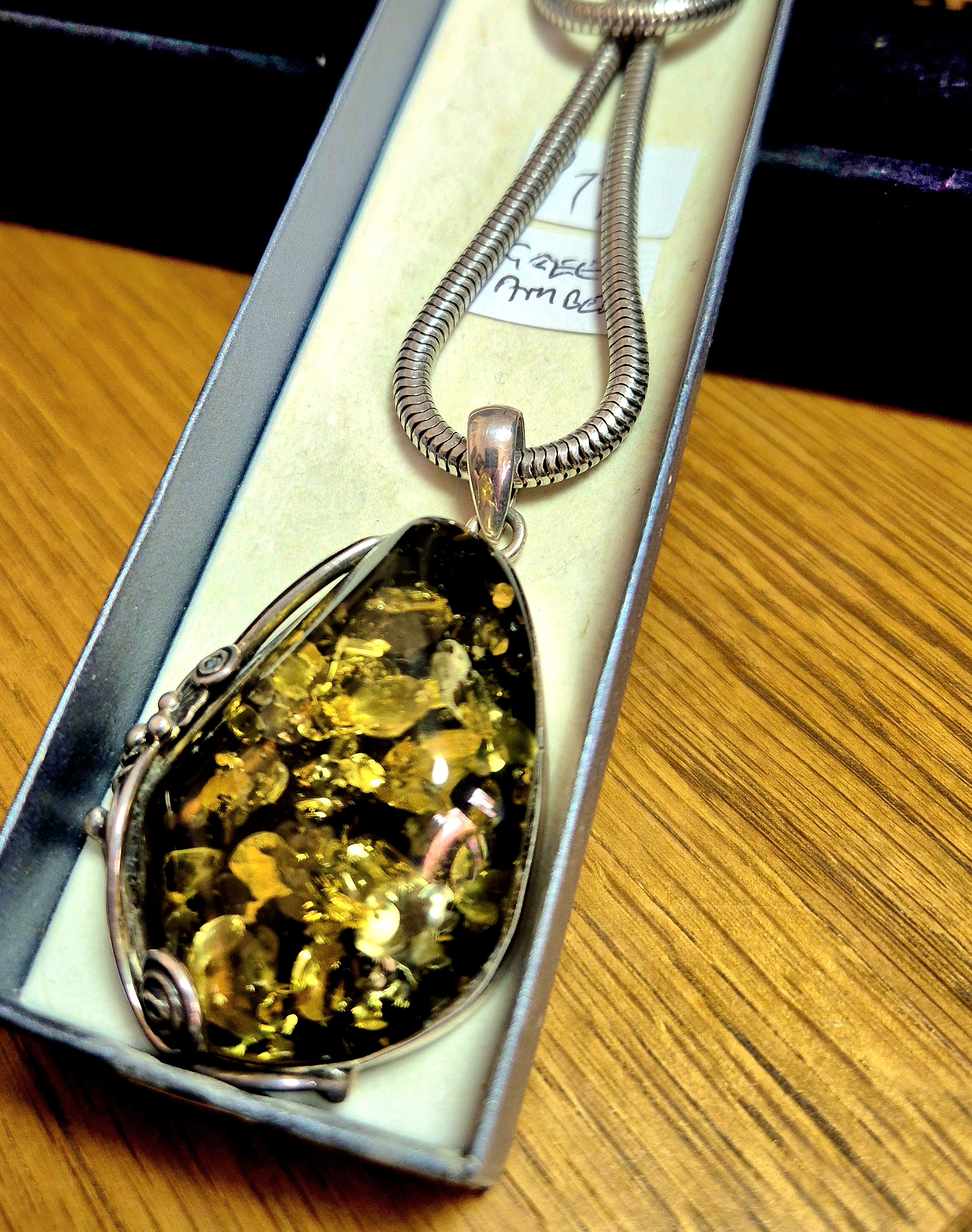 Very Large Stunning Green Amber stone inset in 925 silver mo
