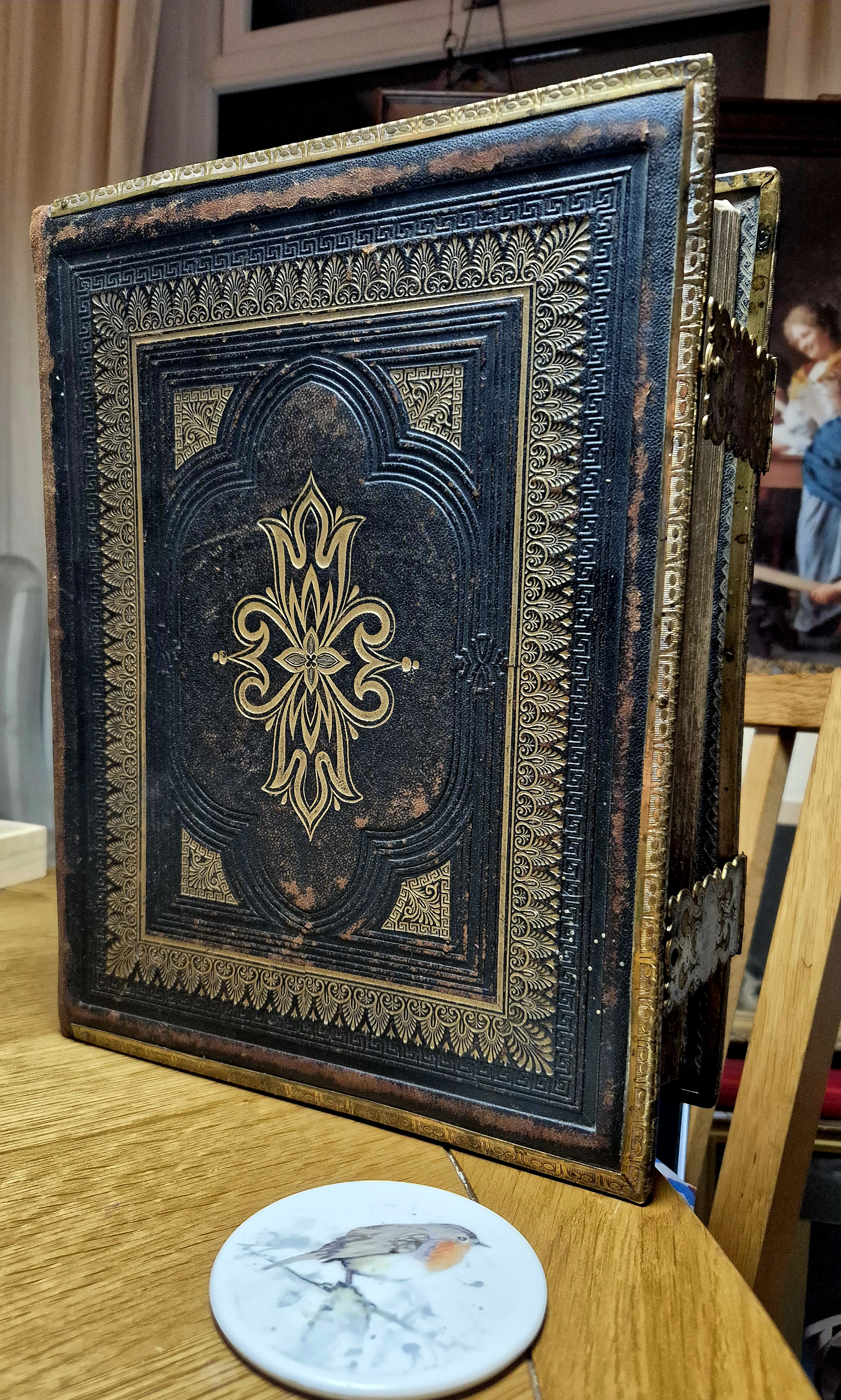 19th Century large family bible, with leather cover and bras
