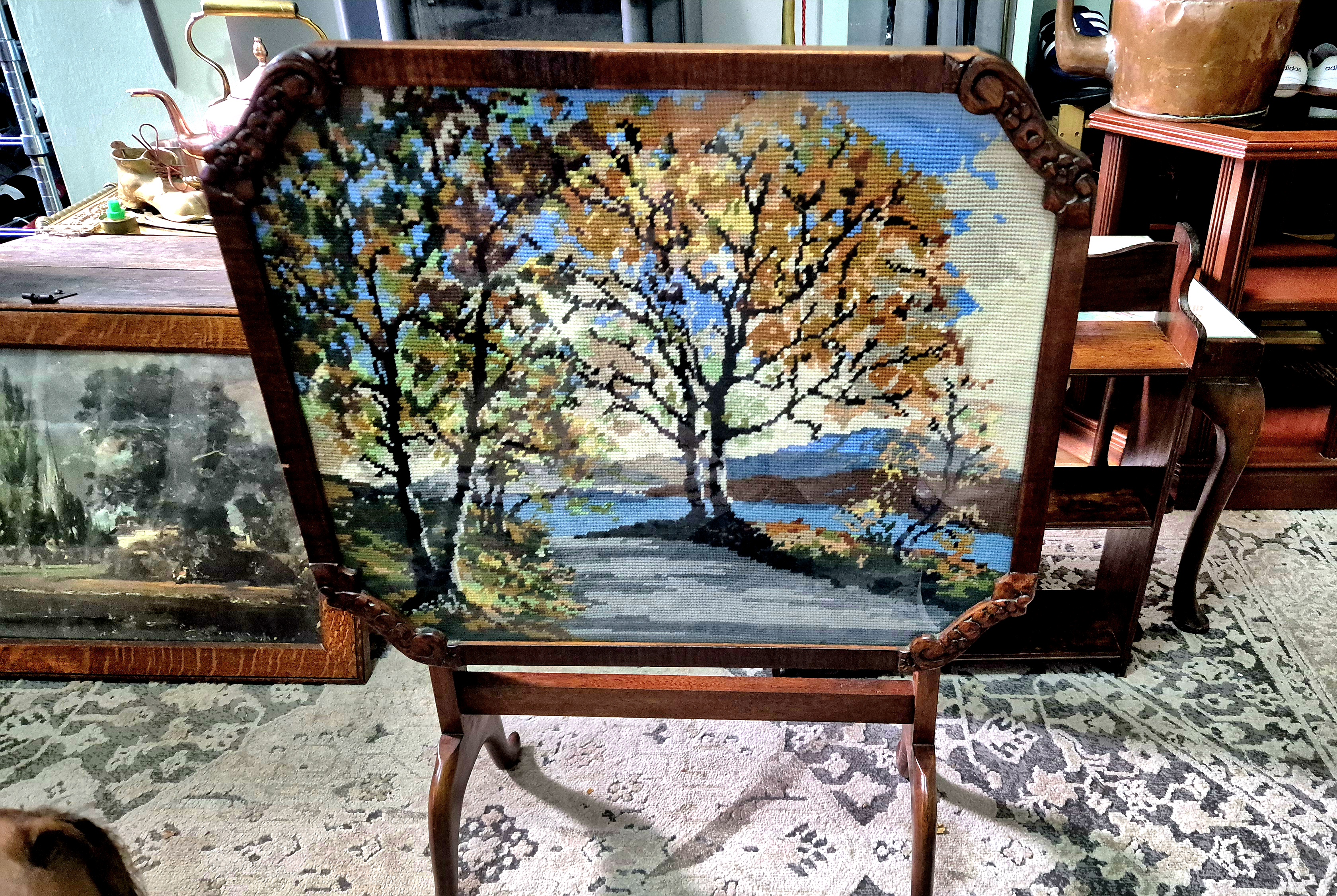 Embroidered tilt top Table-Fire screen, works perfectly to u