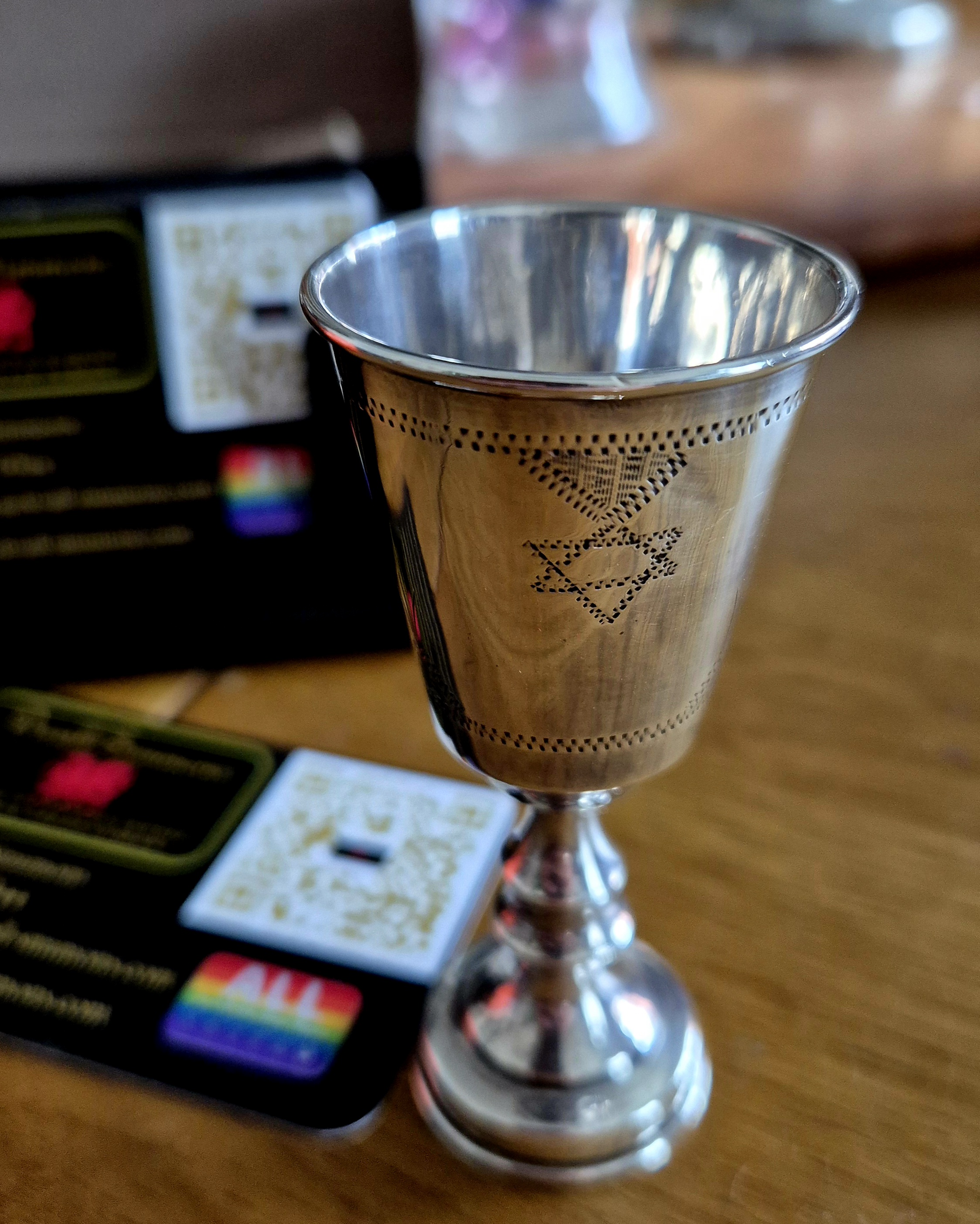Small Antique Sterling Silver Kiddush Cup. Engraved with 6 p