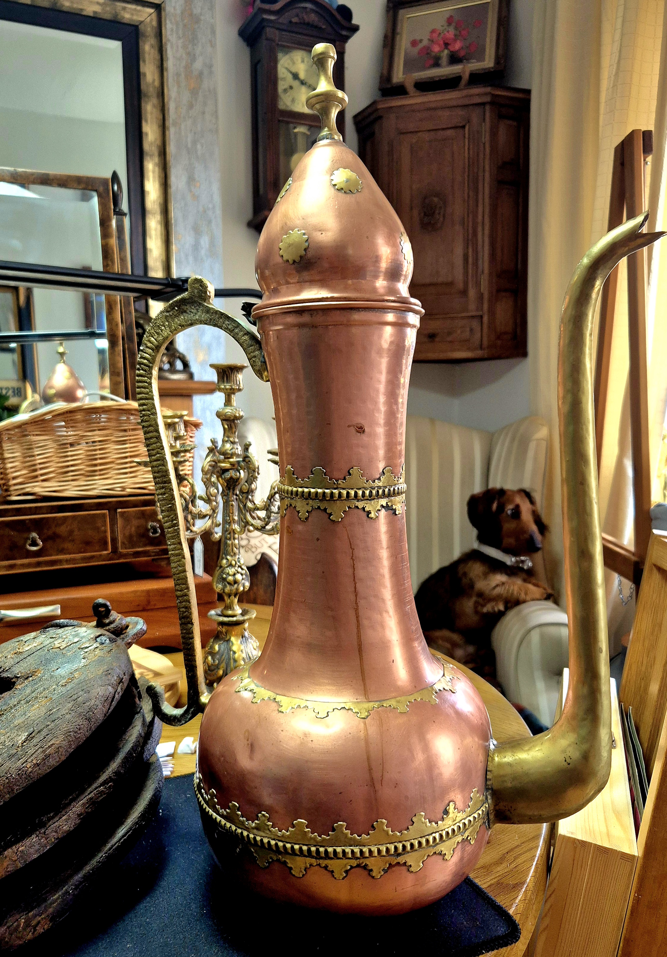 Copper and brass inlaid Eastern European Ewer, stands approx