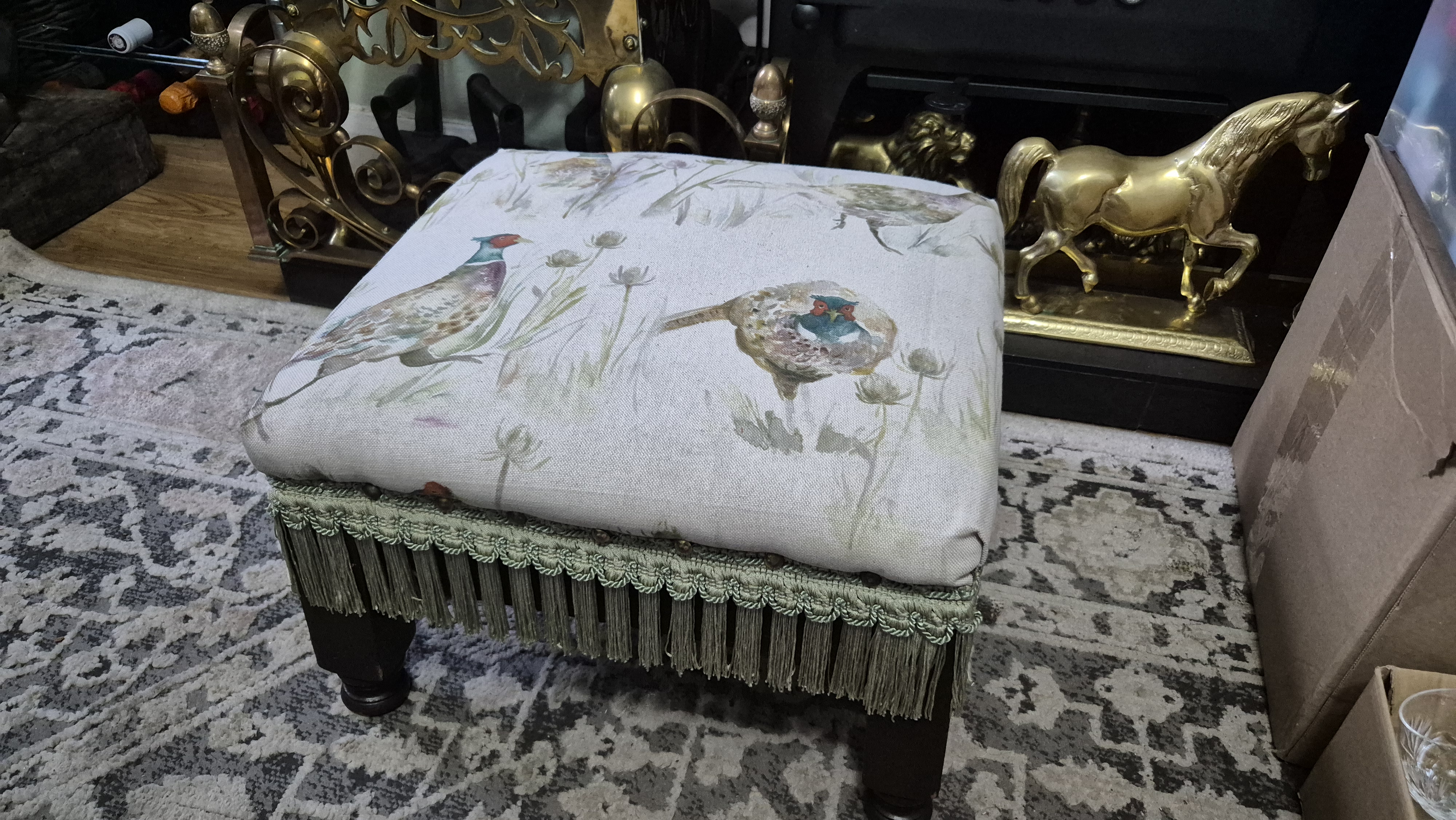 Early 1900's foot stool with original pheasant covering and 
